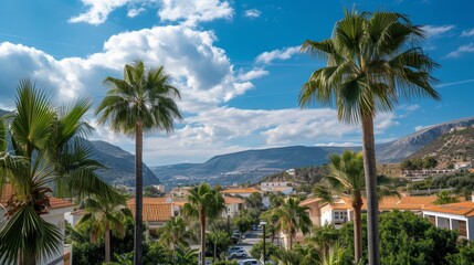 Fototapeta na wymiar Urban landscape with palm trees in the foreground, residential buildings, and a mountain backdrop under a partly cloudy sky, in a coastal Mediterranean town during summer