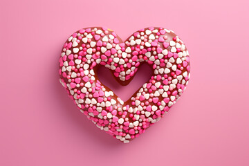 Fototapeta premium Heart shaped donut. Delicious looking beautiful donut with icing and sprinkle, concept: Valentine's Day, Women's day, Mother's Day gift. Pink and blue background.