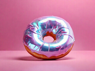 Donut in pink holographic glaze on a pink background.
