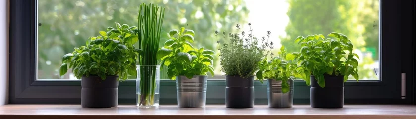 Fotobehang Elegant display of fresh culinary herbs like chives, oregano, and tarragon in a modern urban kitchen window, natural light © chayantorn