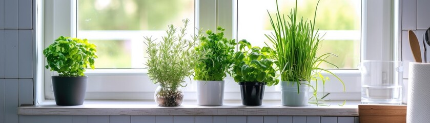 Elegant display of fresh culinary herbs like chives, oregano, and tarragon in a modern urban kitchen window, natural light