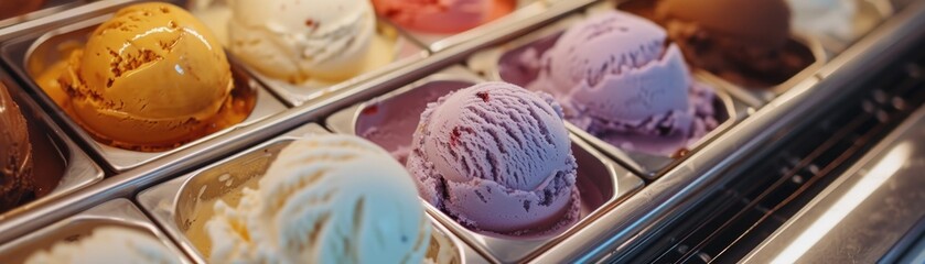 Handcrafted artisanal ice cream display, with unique flavors like lavender honey and salted...