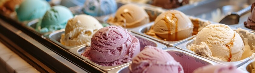 Handcrafted artisanal ice cream display, with unique flavors like lavender honey and salted...