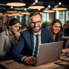 A group of successful and smiling business professionals gathers around a table where laptops lay, symbolizing shared achievements. Generative AI.