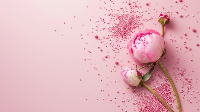 Pink flowers concept. Top view photo of pink peony rose buds and sprinkles on isolated pastel pink background with copy space