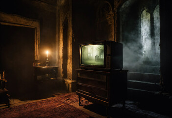 A TV in the living room of an abandoned house and an image on the screen. It's an eerie environment.