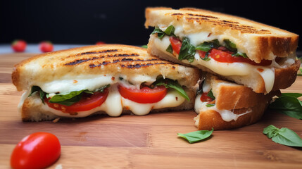 Grilled cheese sandwich with mozzarella, tomatoes, and fresh basil.
