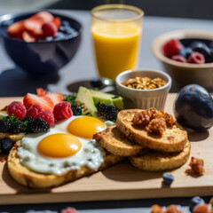 Eggs served alongside a variety of breakfast items on a wooden board.
