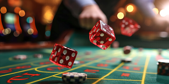Action Shot of Dice Being Thrown on a Craps Table |  A Craps Table in Motion | Casino excitement with rolling dice and chips on table