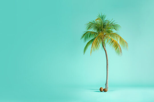 Summer palm tree with coconuts, bright blue background