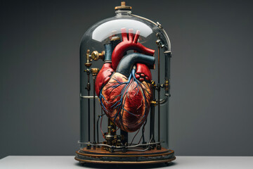 photo realistic portrait of a red life size human heart with blue veins cased inside of a glass capsule