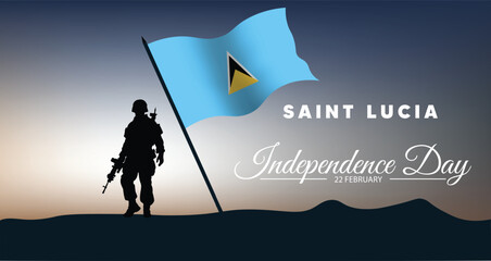 Naklejka premium Saint Lucia Independence Day 22 February solider standing with waving flag vector poster 
