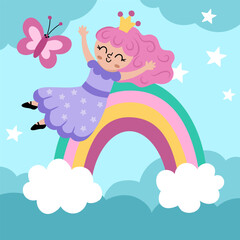 Vector square background with fairy princess sliding down the rainbow under clouds, stars. Magic or fantasy world scene. Fairytale landscape. Cute night sky illustration for kids .