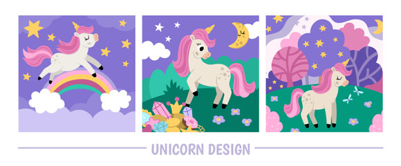 Obraz na płótnie Canvas Vector purple unicorn scenes set. Square pink backgrounds collection with little horse. Fantasy world illustrations with rainbow, magic forest, half moon, cloud, treasures. Fairytale landscape for kid