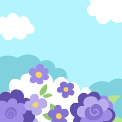 Fototapeta na wymiar Vector abstract background with clouds, purple flowers, forest. Magic or fantasy world scene. Cute fairytale square nature landscape with place for text. Blue sky illustration for kids .