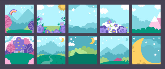 Vector set of blue abstract backgrounds with clouds, stars, moon, garden, magic forest, mountains. Fantasy world scenes collection. Cute fairytale square nature landscapes. Night sky illustration - obrazy, fototapety, plakaty