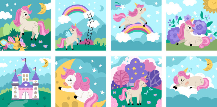 Vector unicorn scenes set. Square backgrounds collection with little horse. Fantasy world illustrations with rainbow, castle, magic forest, half moon, cloud, garden. Fairytale landscape for kids .