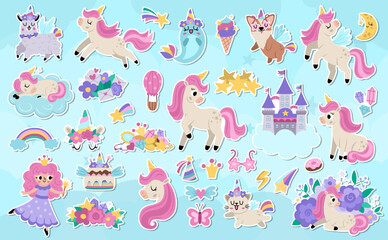 Big vector unicorn stickers set. Fairytale patch icon collection with funny fairy princess, rainbow, castle, falling star. Cute flat magic fantasy world offset illustrations on blue background - obrazy, fototapety, plakaty