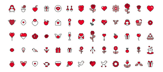 A set of icons with the concept of Valentine's Day. Hearts, presents, Cupid's arrow, cocktails, cake. Line icon.