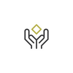 Two hand logo in line art with square shape in dark grey and gold color