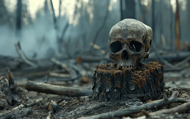 
crânio na floresta devastada com árvores queimadas secas, tocos com fumaça - obrazy, fototapety, plakaty
