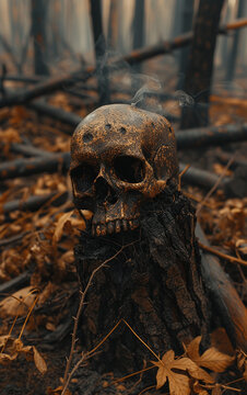 
crânio na floresta devastada com árvores queimadas secas, tocos com fumaça