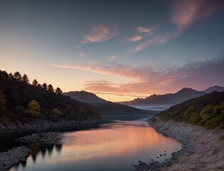 Fototapeta premium incredibly beautiful landscape with a mountain river. at sunrise