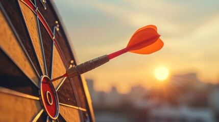 Close up red dart arrow hitting target center dartboard on sunset background. Business targeting and focus concept. - obrazy, fototapety, plakaty