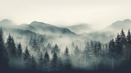 Panoramic view of misty forest in the Carpathian mountains - obrazy, fototapety, plakaty