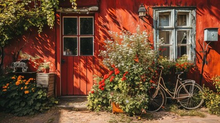 Fototapeta na wymiar Scandinavian Well-Being: Traditional Village House in Christiania Freetown with Flowers, Plant, and Bicycle