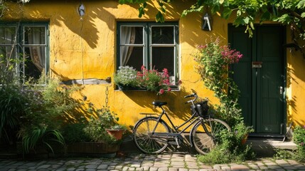 Fototapeta na wymiar Scandinavian Village Lifestyle: Traditional House with Flower Garden and Bicycle