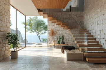Modern Coastal Entrance Hall with Rustic Wood Accents and Stone Wall