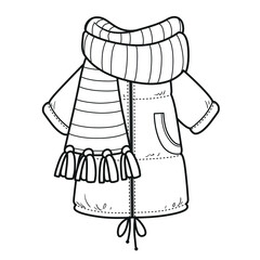 Casual oversized heavily insulated coat with a large striped scarf outlined for coloring page