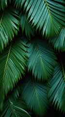 Tropical green palm leaves with water drops. Natural background .