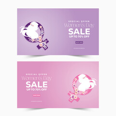 Women's Day Sale 70% Off Silhouette, Flowers, and Purple Paper Cut Venus Sign Create a Stylish Posters Design