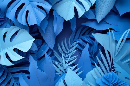 Tropical leaves in blue space. Foliage collection. Image captures vibrant tropical plant leaves against a serene blue background, creating a visually appealing and tranquil composition.