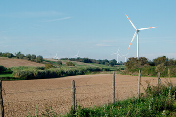 Cultivated fields with wind turbines for clean energy