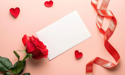 valentine's day envelope and red rose on pastel background