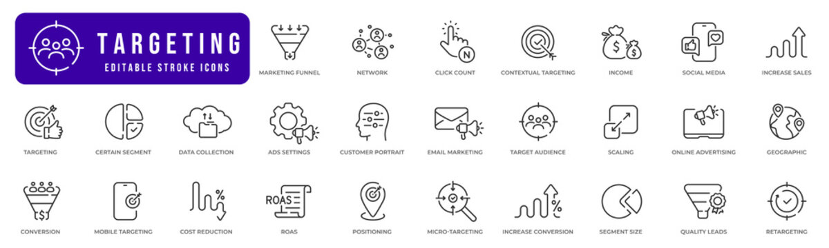 Targeting line icon set. Seo, media,  marketing, conversion, ads, sales, advertising etc. Editable stroke