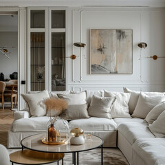 salón contemporáneo de lujo en tonos blancos decorado con un gran sofá con rinconera, meda de cristal, vitrina y cuadro abstracto sobre pared blanca