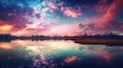 Wall murals Reflection Fantasy landscape with a lake and the sky reflected in the water
