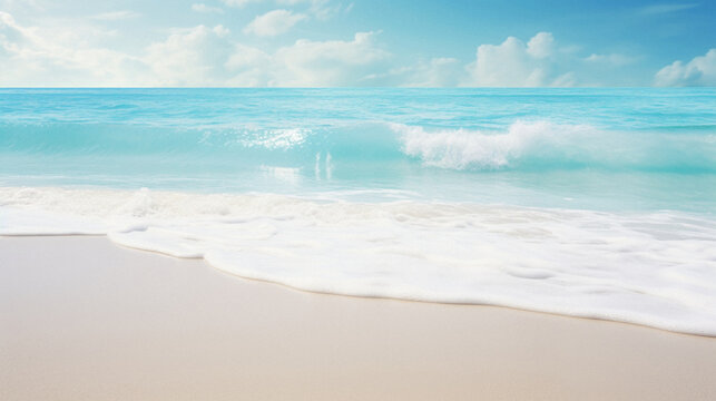 Soft wave of the sea on the sandy beach and blue sky background