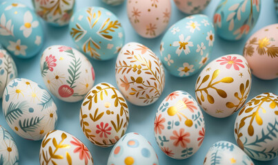Fototapeta na wymiar hand painted easter eggs in pastel colors with gold details and floral decor