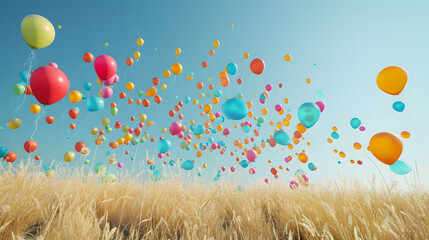 A surreal landscape where thoughts and ideas take the form of colorful balloons floating in a clear blue sky