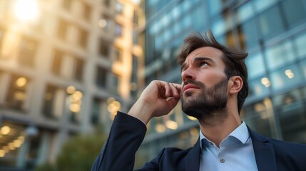 Portrait of a young businessman thinking in front of a modern office building