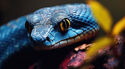 Close-up of a dark blue snake on a tree branch . - obrazy, fototapety, plakaty