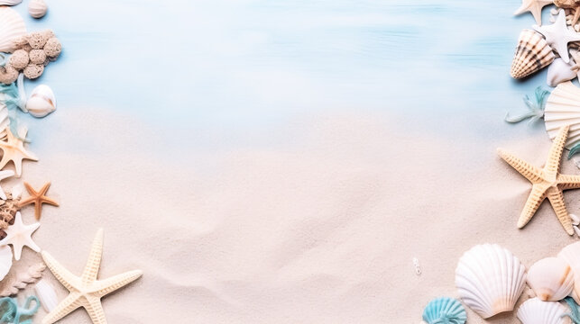 Banner with frame of sand, starsfishes and shells, greeting card with a sea, beach theme.Summer time concept.Flat lay with starfish and sea shells on blue background, top view with copy space for text