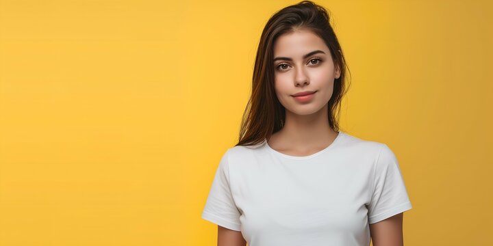 portrait of beautiful young woman in white t-shirt on yellow background