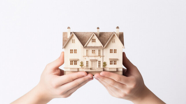 Hands holding house model on white background. Real estate concept .