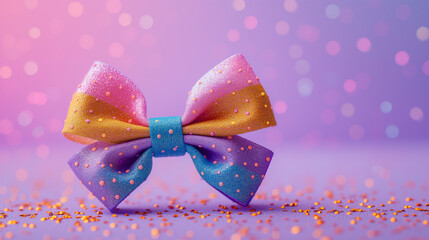 Colorful bow set against a radiant background adorned with golden sparkles, creating a captivating and festive visual spectacle.